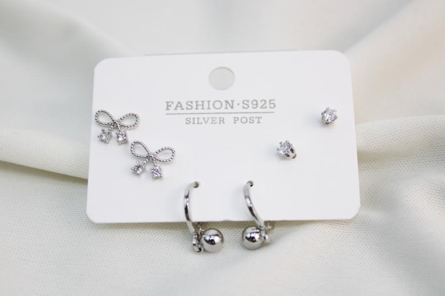 Set De Argolla Con Bolita, Lazo Y Zirconia