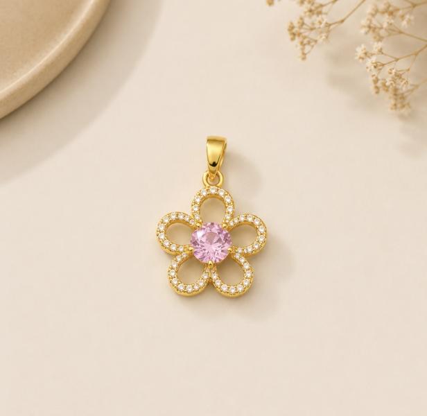 Charm / Dije De Flor Con Zirconia Rosa