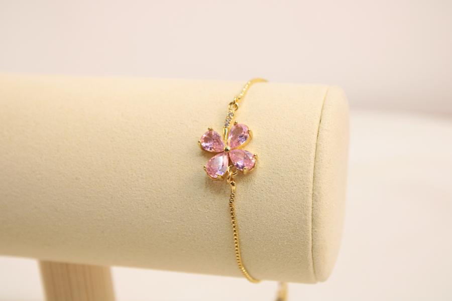 Pulsera Ajustable De Flor Con Zirconia Rosa