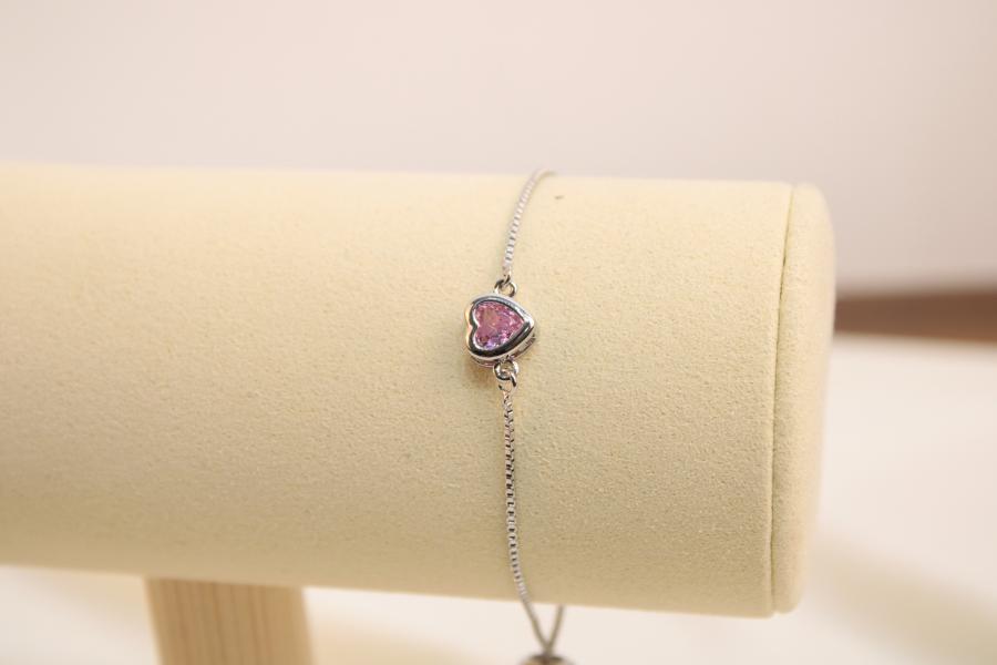 Pulsera Ajustable De Corazón Con Zirconia Rosa