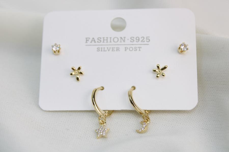 Set De Argolla De Estrella Con Luna, Flor Y Zirconia