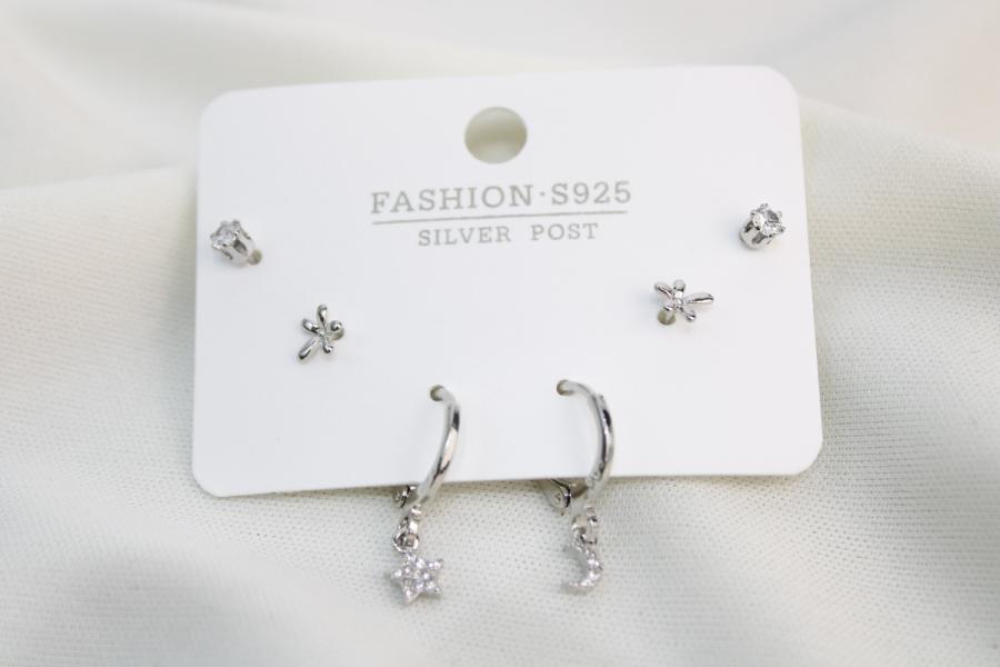 Set De Argolla De Estrella Con Luna, Flor Y Zirconia